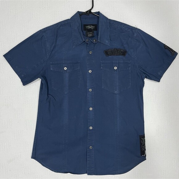 Harley Davidson Shirt Mens L Blue Embroidered Motorcycles Biker Button Up HDMC - Picture 1 of 7